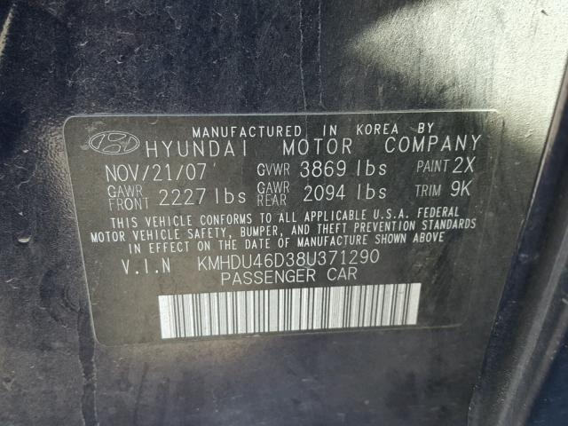 KMHDU46D38U371290 - 2008 HYUNDAI ELANTRA GL BLUE photo 10