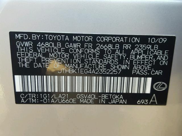 JTHBK1EG4A2352257 - 2010 LEXUS ES 350 SILVER photo 10