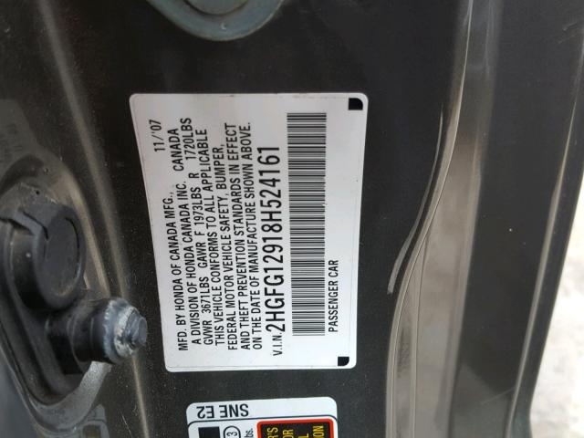 2HGFG12918H524161 - 2008 HONDA CIVIC EXL ნაცრისფერი ფოტო 10