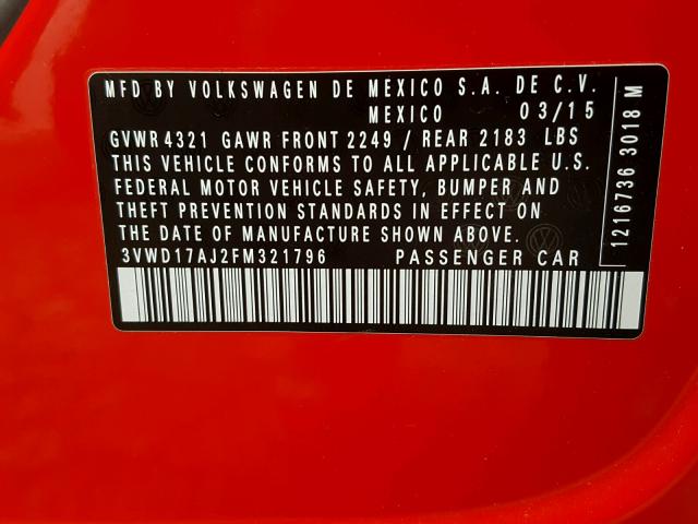 3VWD17AJ2FM321796 - 2015 VOLKSWAGEN JETTA SE RED photo 10