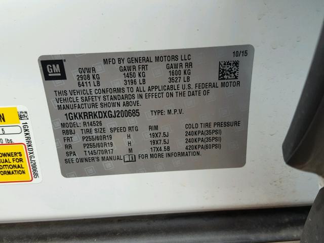 1GKKRRKDXGJ200685 - 2016 GMC ACADIA SLT თეთრი ფოტო 10