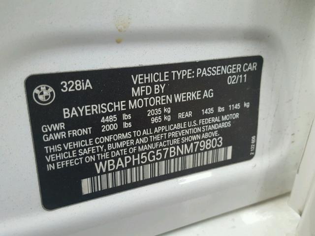 WBAPH5G57BNM79803 - 2011 BMW 328 I SULE WHITE photo 10