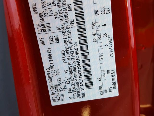 1FMCU9GD9HUC46513 - 2017 FORD ESCAPE SE 红色 照片 10