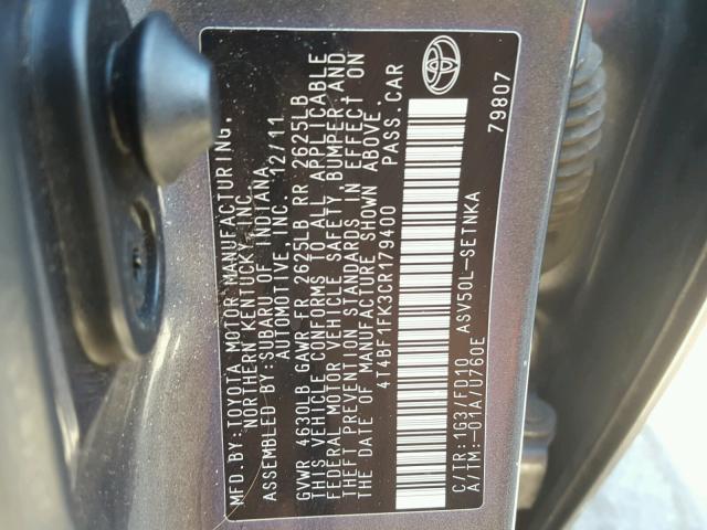 4T4BF1FK3CR179400 - 2012 TOYOTA CAMRY BASE CHARCOAL photo 10