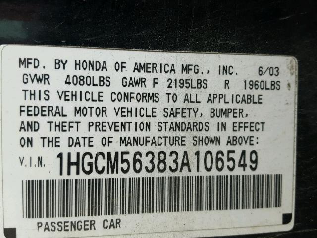 1HGCM56383A106549 - 2003 HONDA ACCORD LX BLACK photo 10