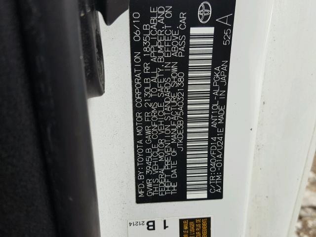 JTKDE3B75A0321380 - 2010 TOYOTA SCION TC 白色 照片 10