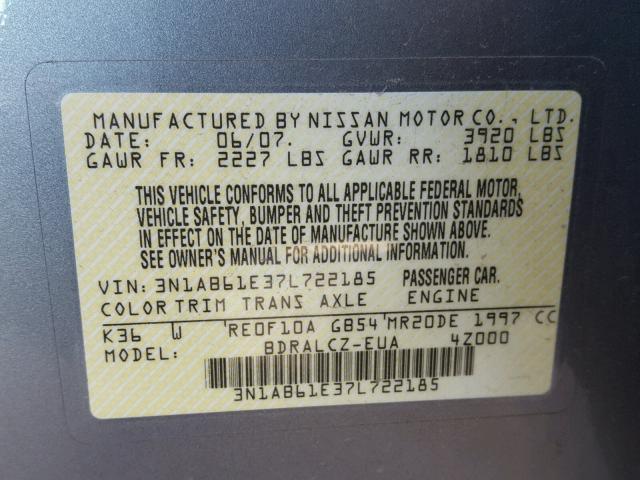 3N1AB61E37L722185 - 2007 NISSAN SENTRA 2.0 GRAY photo 10