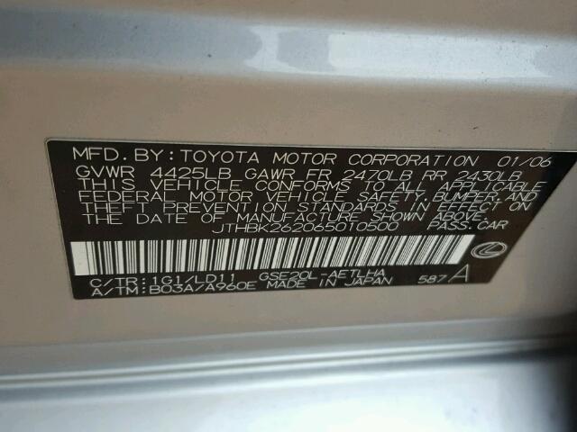 JTHBK262065010500 - 2006 LEXUS IS 250 SILVER photo 10