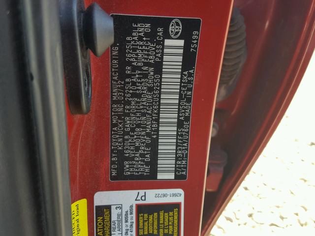 4T1BF1FK6CU562550 - 2012 TOYOTA CAMRY BASE 红色 照片 10