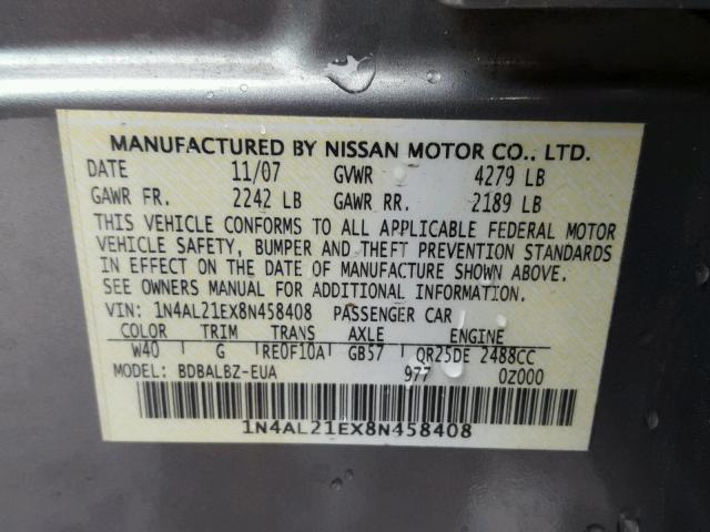 1N4AL21EX8N458408 - 2008 NISSAN ALTIMA 2.5 GRAY photo 10