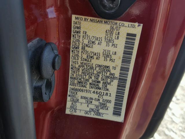 1N6BD06T97C460181 - 2007 NISSAN FRONTIER K RED photo 10