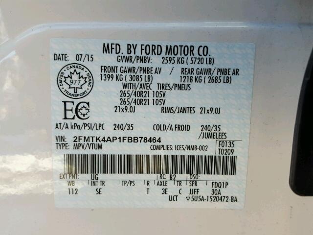 2FMTK4AP1FBB78464 - 2015 FORD EDGE WHITE photo 10