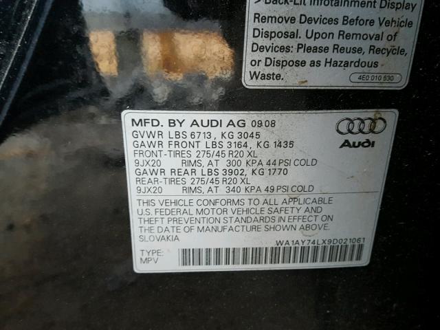 WA1AY74LX9D021061 - 2009 AUDI Q7 3.6 QUA BLACK photo 10