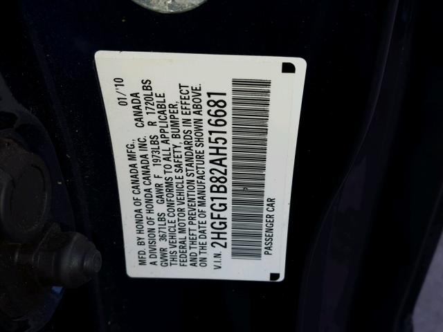 2HGFG1B82AH516681 - 2010 HONDA CIVIC EX BLUE photo 10