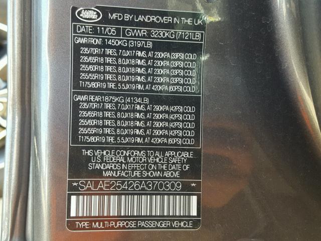 SALAE25426A370309 - 2006 LAND ROVER LR3 SE CHARCOAL photo 10