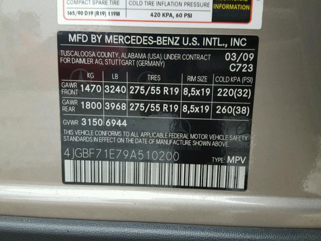 4JGBF71E79A510200 - 2009 MERCEDES-BENZ GL 450 4MA GOLD photo 10