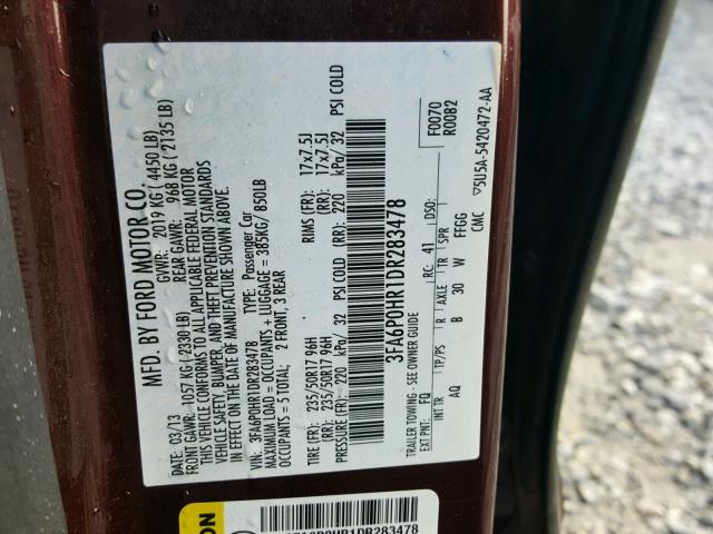 3FA6P0HR1DR283478 - 2013 FORD FUSION SE MAROON photo 10