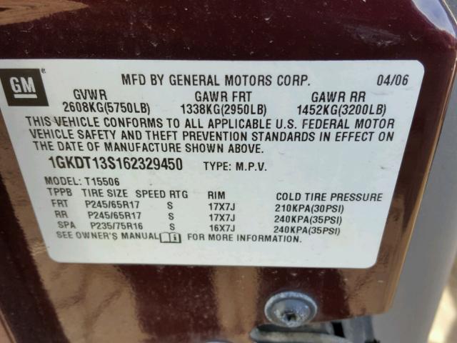 1GKDT13S162329450 - 2006 GMC ENVOY MAROON photo 10