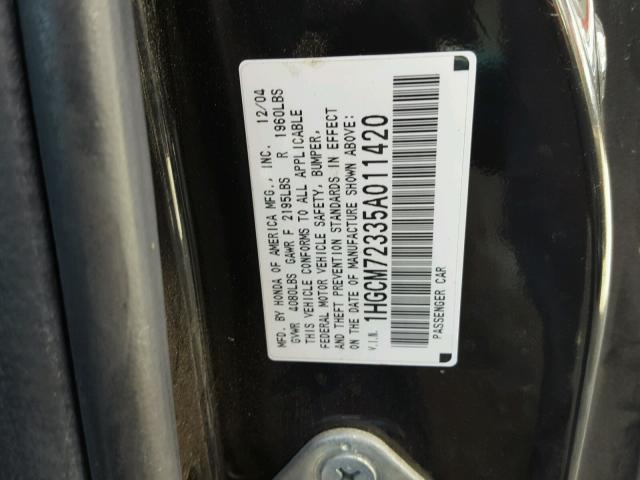 1HGCM72335A011420 - 2005 HONDA ACCORD LX BLACK photo 10