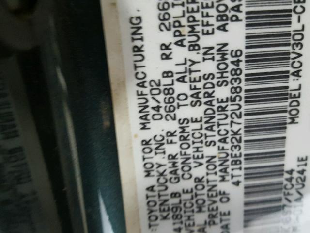 4T1BE32K72U583846 - 2002 TOYOTA CAMRY LE 绿色 照片 10