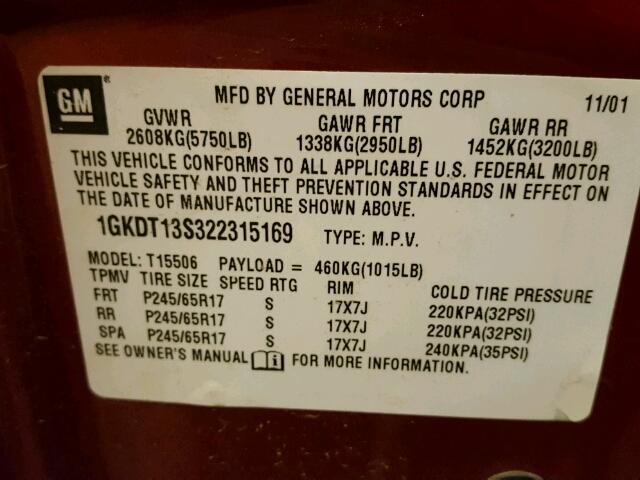 1GKDT13S322315169 - 2002 GMC ENVOY RED photo 10