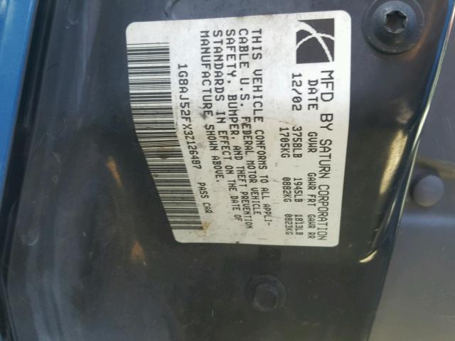 1G8AJ52FX3Z126487 - 2003 SATURN ION LEVEL BLUE photo 10