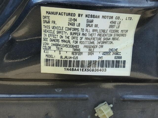 1N4BA41EX5C836403 - 2005 NISSAN MAXIMA SE GRAY photo 10