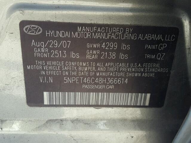 5NPET46C48H366614 - 2008 HYUNDAI SONATA GLS SILVER photo 10