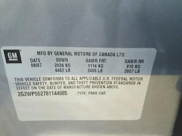 2G2WP552781144985 - 2008 PONTIAC GRAND PRIX GRAY photo 10