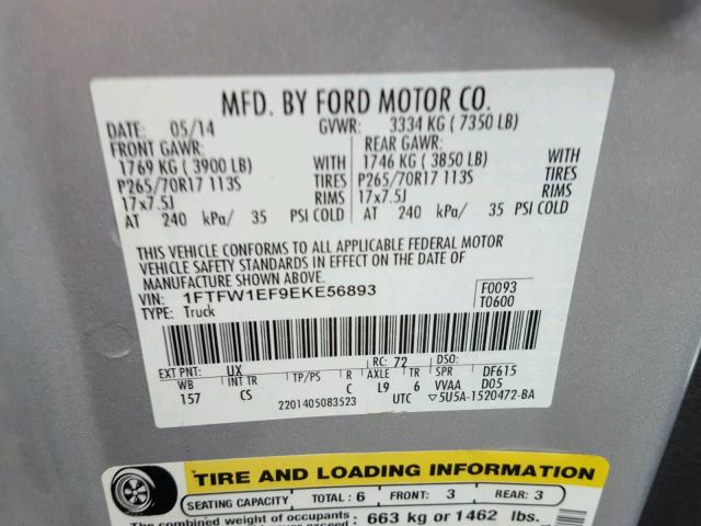 1FTFW1EF9EKE56893 - 2014 FORD F150 SUPER SILVER photo 10