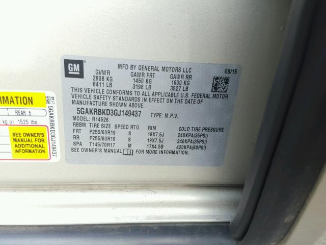 5GAKRBKD3GJ149437 - 2016 BUICK ENCLAVE თაფლისფერი ფოტო 10