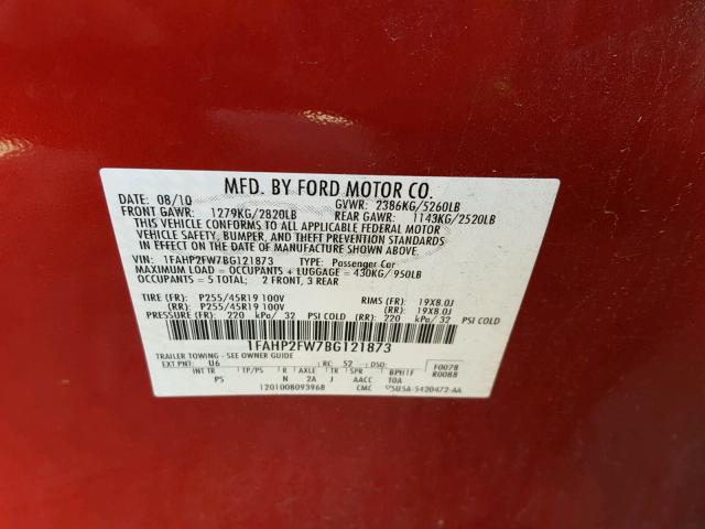 1FAHP2FW7BG121873 - 2011 FORD TAURUS LIM RED photo 10