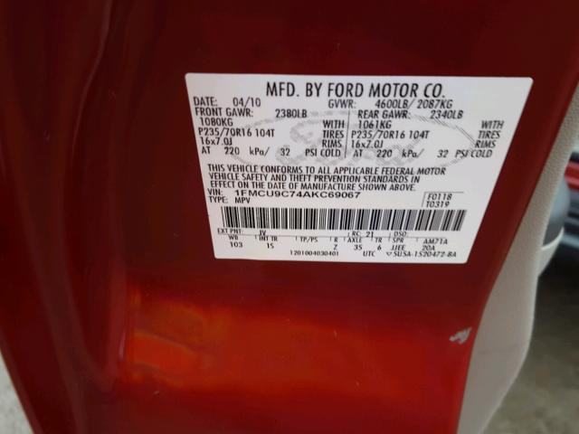 1FMCU9C74AKC69067 - 2010 FORD ESCAPE XLS RED photo 10