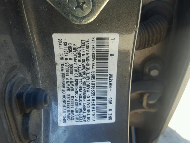 1HGFA16529L015998 - 2009 HONDA CIVIC LX BLACK photo 10