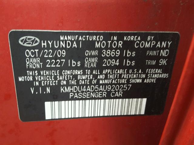 KMHDU4AD5AU920257 - 2010 HYUNDAI ELANTRA BL RED photo 10