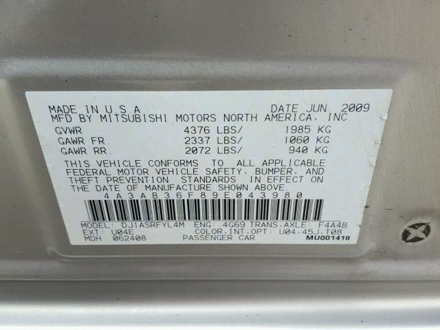 4A3AB36F89E043980 - 2009 MITSUBISHI GALANT ES SILVER photo 10