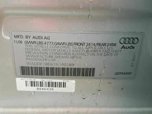 WAUDF78E67A140189 - 2007 AUDI A4 2.0T QU SILVER photo 10