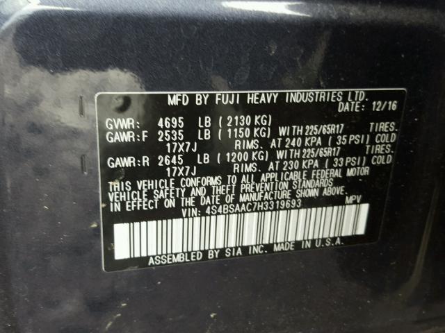 4S4BSAAC7H3319693 - 2017 SUBARU OUTBACK 2. BLUE photo 10