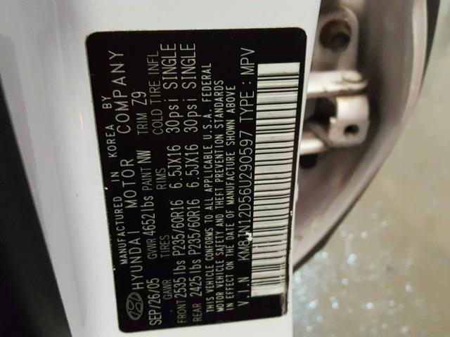 KM8JN12D56U290597 - 2006 HYUNDAI TUCSON WHITE photo 10