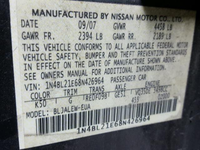 1N4BL21E68N426964 - 2008 NISSAN ALTIMA 3.5 GRAY photo 10