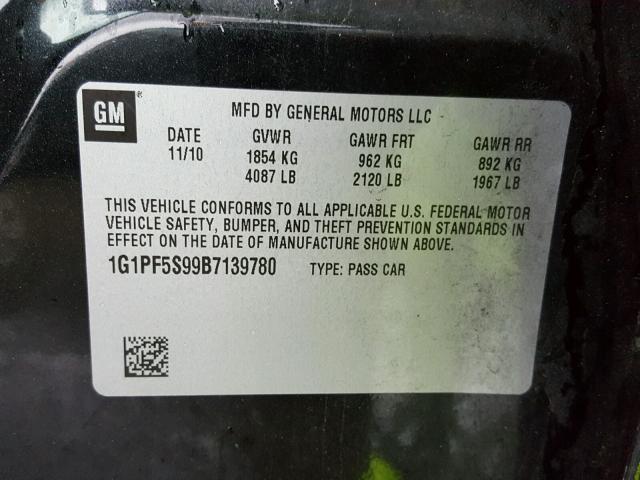 1G1PF5S99B7139780 - 2011 CHEVROLET CRUZE LT BLACK photo 10