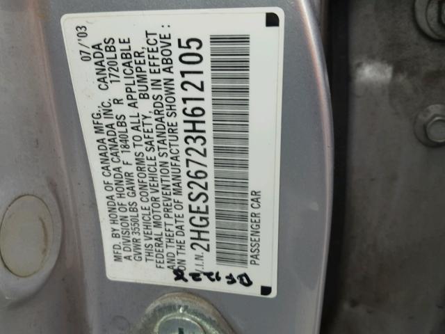 2HGES26723H612105 - 2003 HONDA CIVIC EX SILVER photo 10