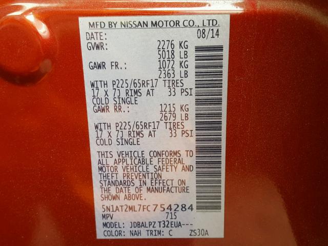 5N1AT2ML7FC754284 - 2015 NISSAN ROGUE S RED photo 10