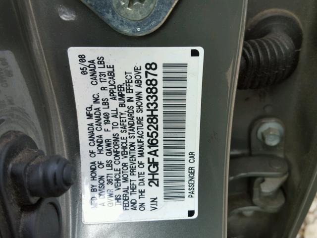 2HGFA16528H338878 - 2008 HONDA CIVIC LX GRAY photo 10