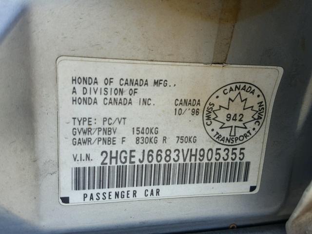 2HGEJ6683VH905355 - 1997 HONDA CIVIC EX SILVER photo 10