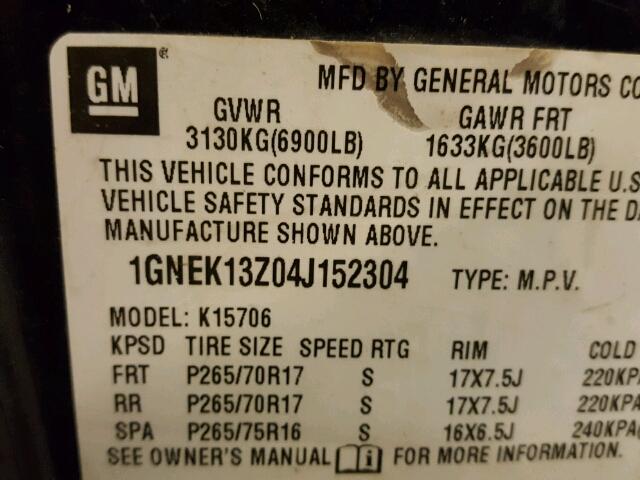 1GNEK13Z04J152304 - 2004 CHEVROLET TAHOE K150 BLUE photo 10