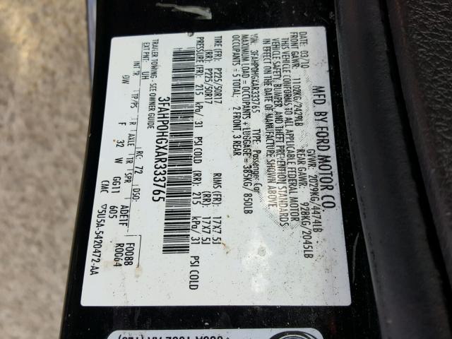 3FAHP0HGXAR333765 - 2010 FORD FUSION SE BLACK photo 10