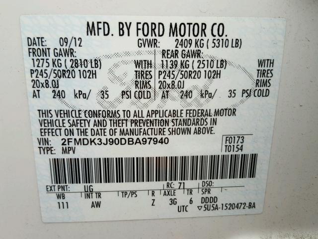 2FMDK3J90DBA97940 - 2013 FORD EDGE Beyaz fotoğraf 10