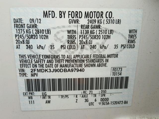 2FMDK3J90DBA97940 - 2013 FORD EDGE WHITE photo 10