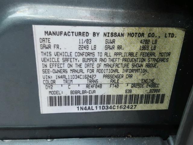 1N4AL11D34C162427 - 2004 NISSAN ALTIMA BAS GREEN photo 10